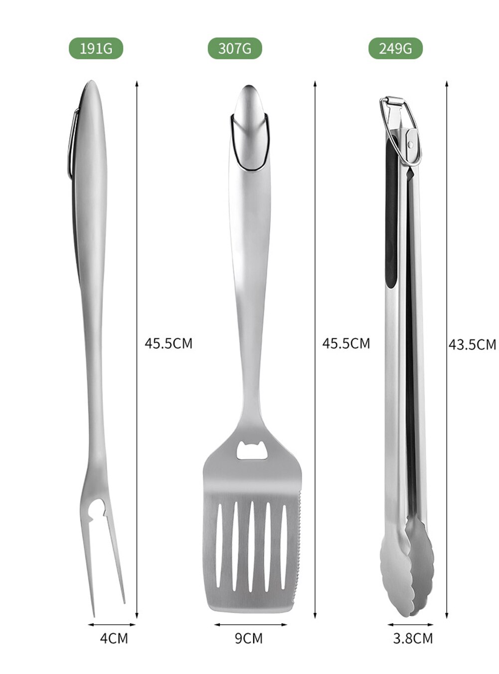 Bbq Grilling Tool Set, Stainless Steel Tongs, Spatula With Bottle Opener And Serrated Edge, Barbecue Meat Fork Outdoor Bbq