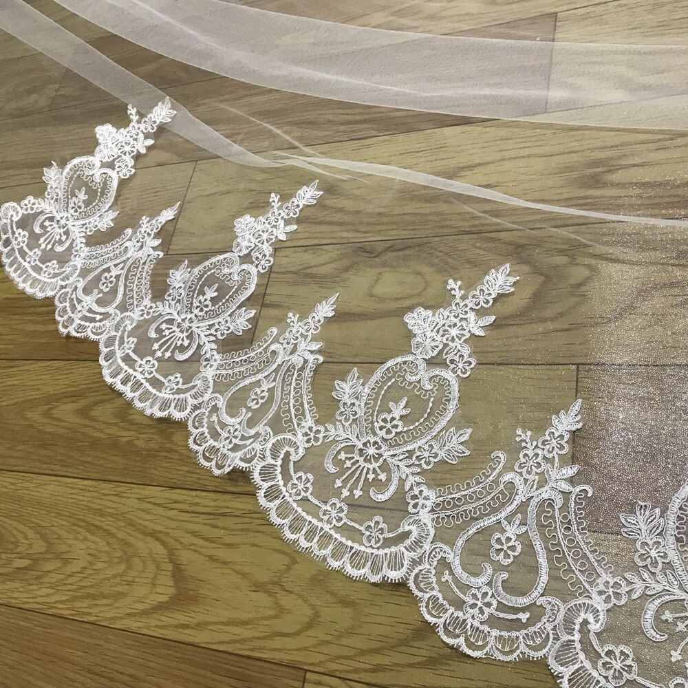 4M Long Wedding Veils Full decal Applique Edge One Layer Cathedral Length Veils Two uses With Comb Tulle Bridal Veil