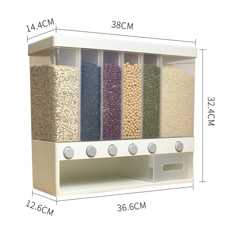 WONDERLIFE – Distributeur mural pour riz et de céréales dans 6 compartiment, Supports automatiques en plastique étanches, boîte à rangement des aliments, esthétique, organisation, nourriture, transparent