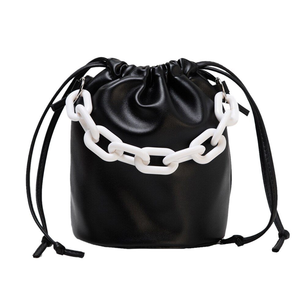 Drawstring Shoulder Bag Women PU Chain Bucket Handbags Female Solid Color Purse Youth Ladies Simple Versatile Bag: Black