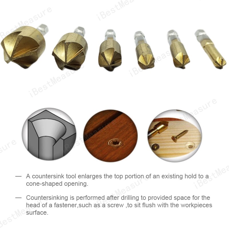 6 Pcs Verzinkboor Boor Set 1/4 &#39;&#39;Hex Shank Hss 5 Fluit Verzinkboor 90 Graden Hout Afkanten Cutter Afschuining 6Mm-19Mm