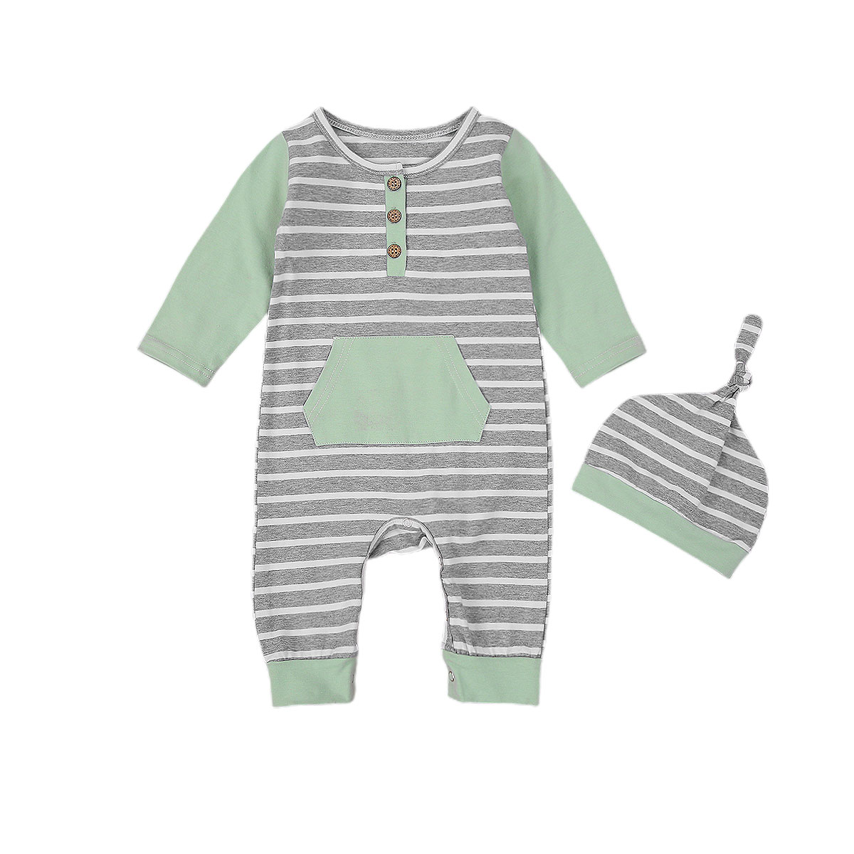 Infant Baby Girl Boy Patchwork Pocket Clothes Set, Babies Grey Stripe Round Collar Long Sleeve Romper + Cap, 3-24 Months