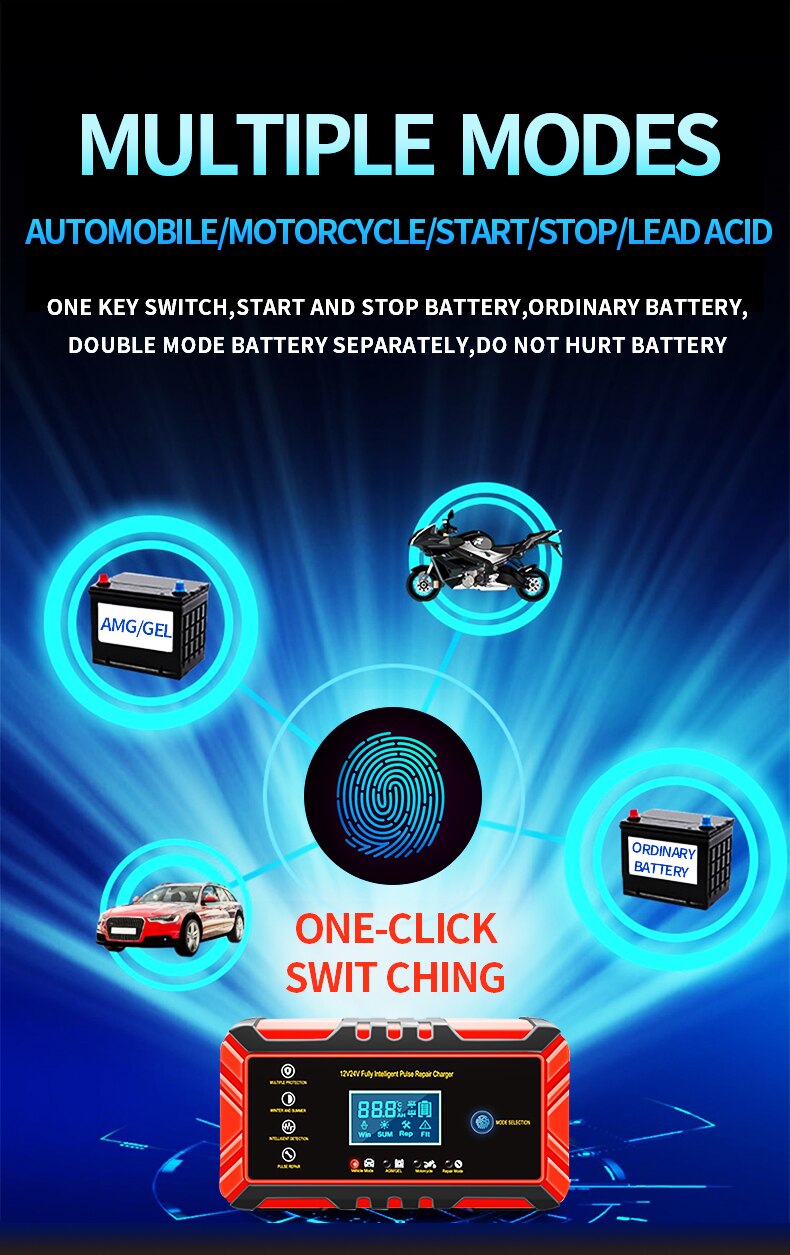 Spain In Stock Auto Fast Charging Tool Kit AC 110V-240V AGM GEL WET Lead Acid Repair Intelligent Car Battery Charger 12V 24V