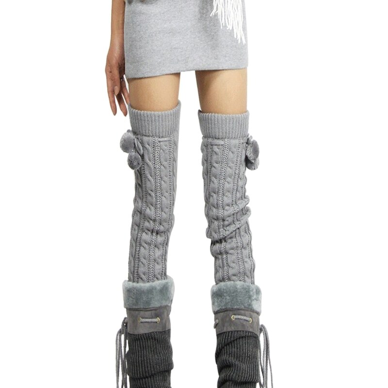 Gebreide Vrouwen Winter Beenwarmers Knie Hoge Dij Hoge Tie Kabel Gebreide Lange Boot Sokken Dames Laars Been Warmer: Light grey