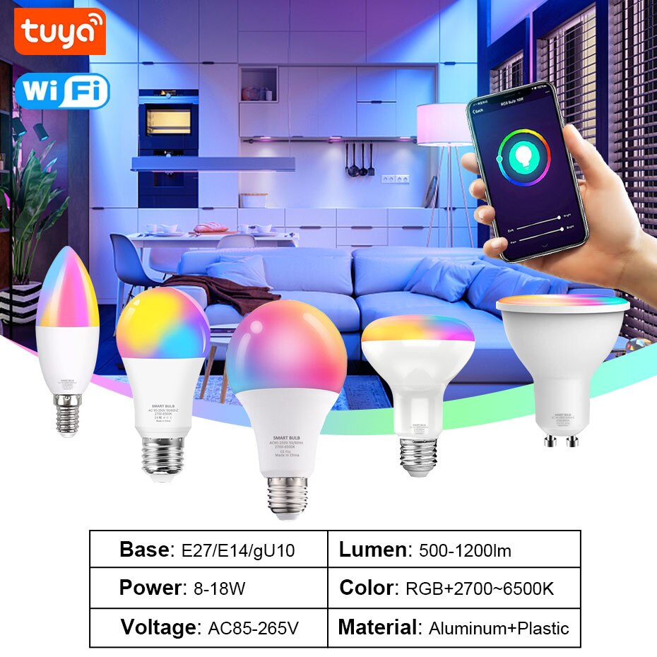 Tuya-bombilla inteligente E27, E14, GU10, Color RGB, 8W, 12W, 18W, regulable con aplicación, Control por voz para Google Home y Alexa