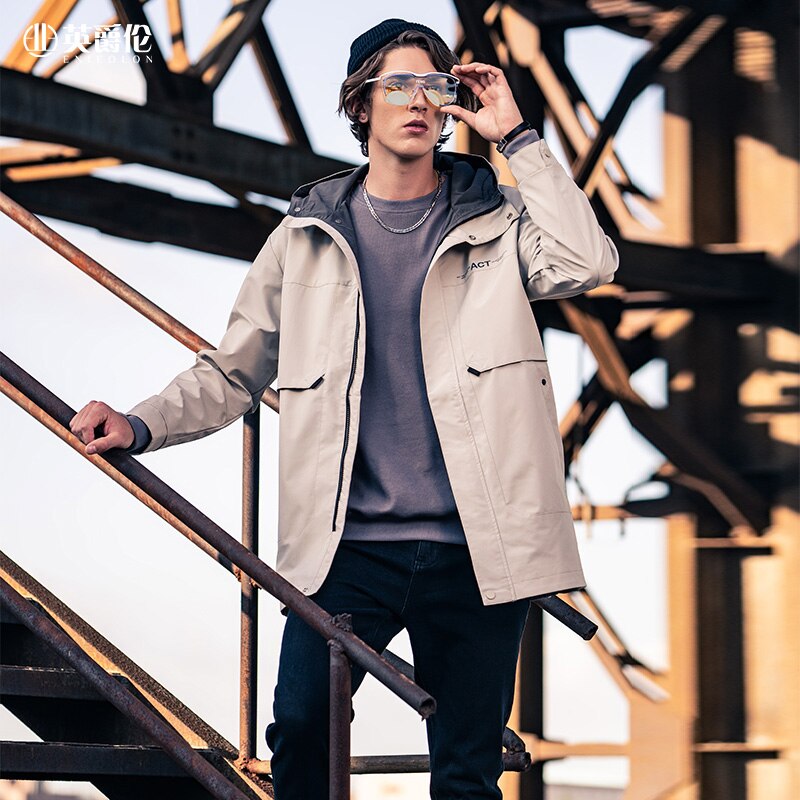 Enjeolon Men Parka Hoodies Jacket Coat Autumn Casual South Korean style Zipper Windbreaker Coat Long Trendy Men's Jackets JK: Apricot / M