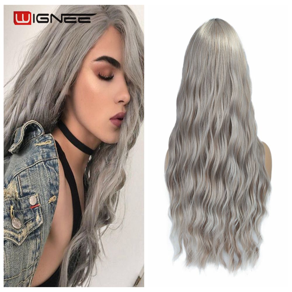 Wignee longo ondulado fibra azul perucas sintéticas parte média resistente ao calor para cabelo natural feminino diário/festa/cosplay party perucas: T1B/Light Grey