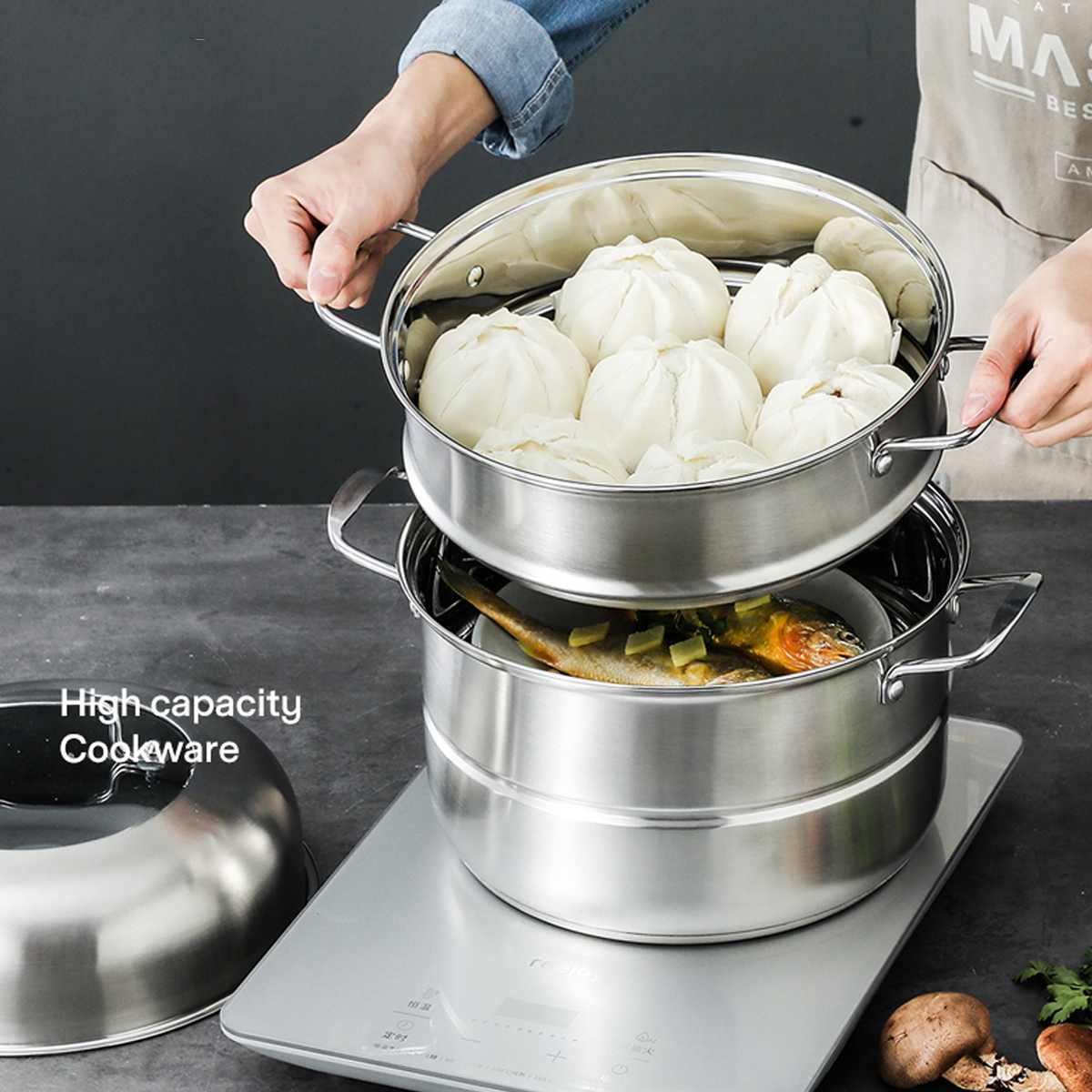 3-layers 410 Stainless Steel Steamer Pot Steaming Cookware Pot Cookware Multifunctional Use, Boil, Steam and Stew Portable