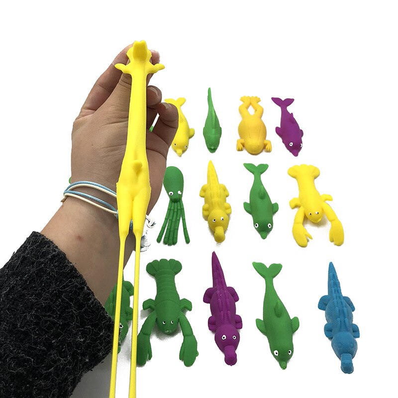 5pcs Novelty Gags & Practical Joke Toys Funny Laugh Rubber sea animal Stretchy Flying Turkey Finger Sticky Random Color