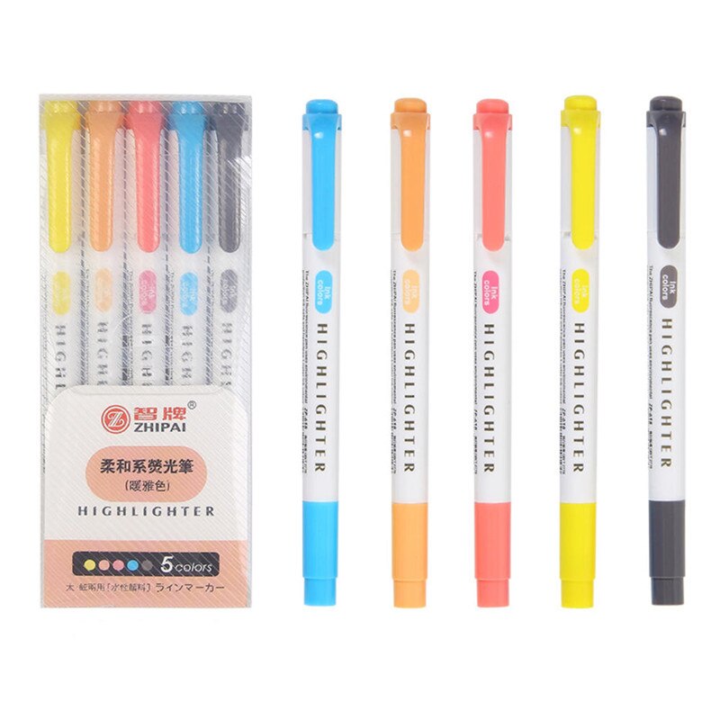 5 Pcs/Set Highlighter Pen School Supplies Dual Head Fluorescent Art Markers Brand Book Reading Mark Pen For Student Stationery