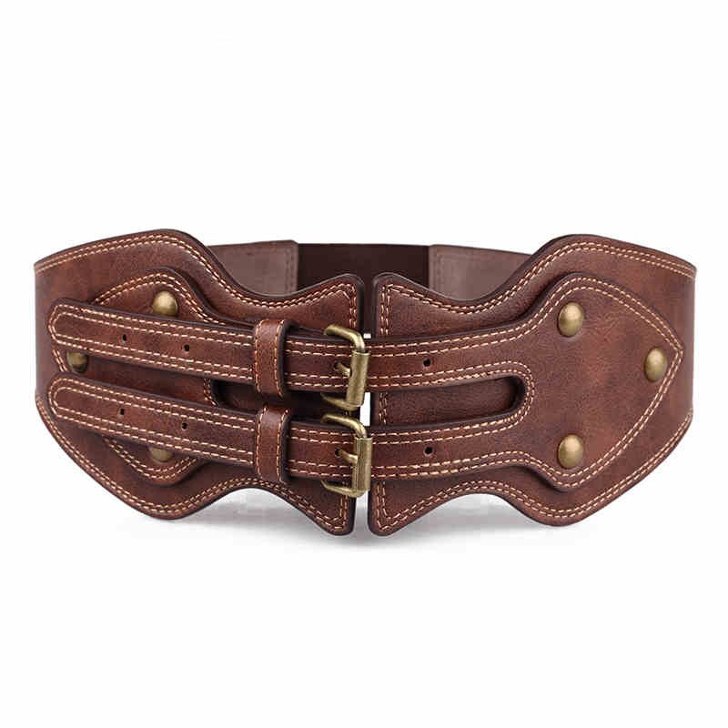 Top Womens Brede Leren Riem Punk Klinknagel Vrouwelijke Riemen Cumberbanden Bruin Dames Elastische Corset: 86cm