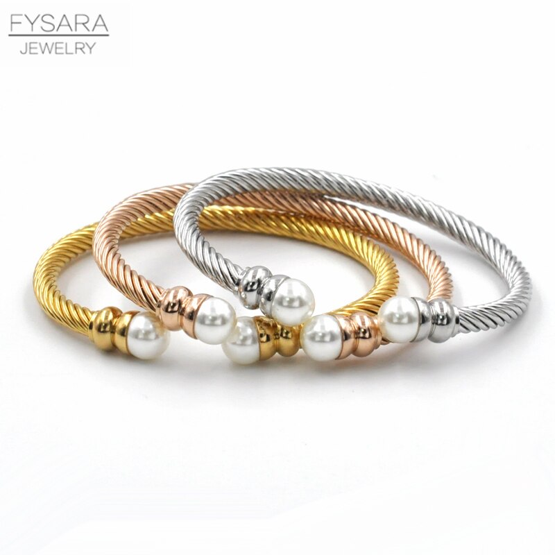 Fysara 3 pçs/set charme pérola manguito pulseiras feminino jóias acessórios rosa cor de ouro roman pulseiras fio torção manguito pulseiras: 3pcs pearl bangles