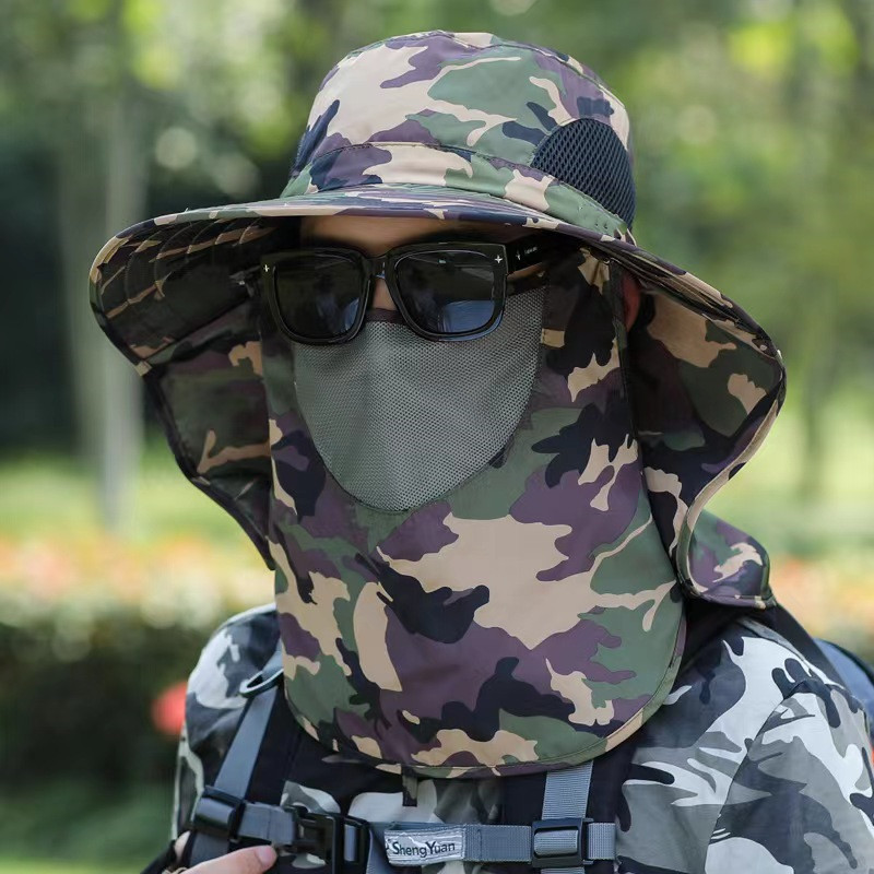 Chapeau Protection Solaire 360° - Large Bord - Chapeau Camouflage Amovible - Casquette Voyage Plein Air Homme: Gris