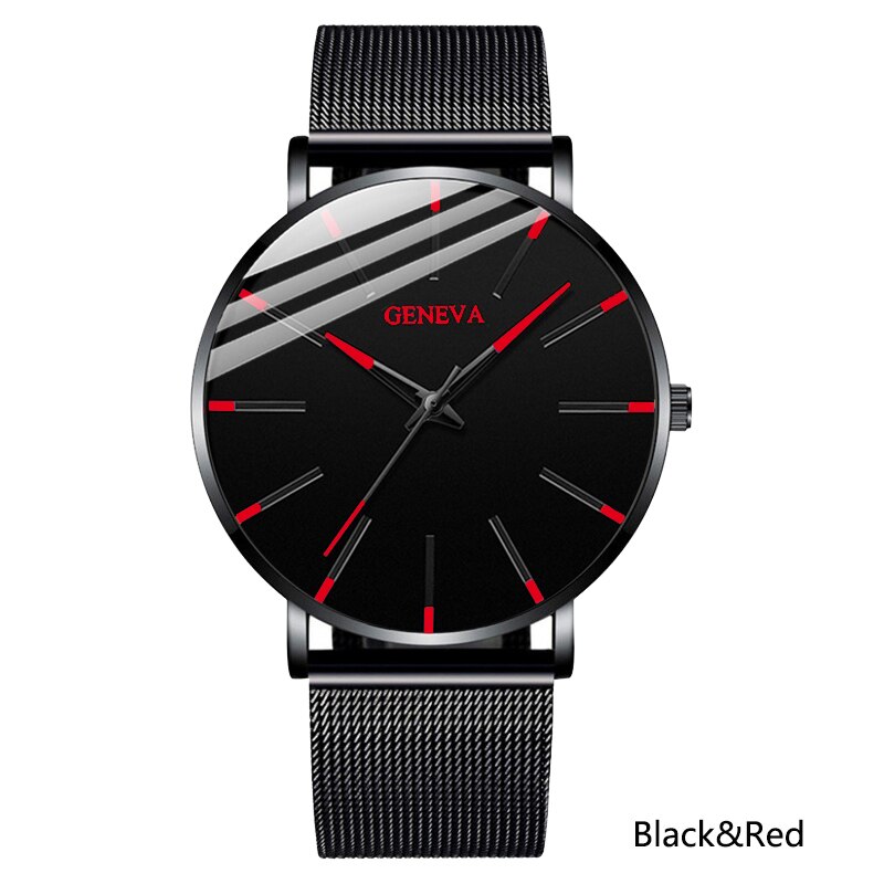Heren ultradunne horloges minimalistische eenvoudige heren zakelijke roestvrijstalen mesh band quartz horloge relogio masculino: Zwart rood