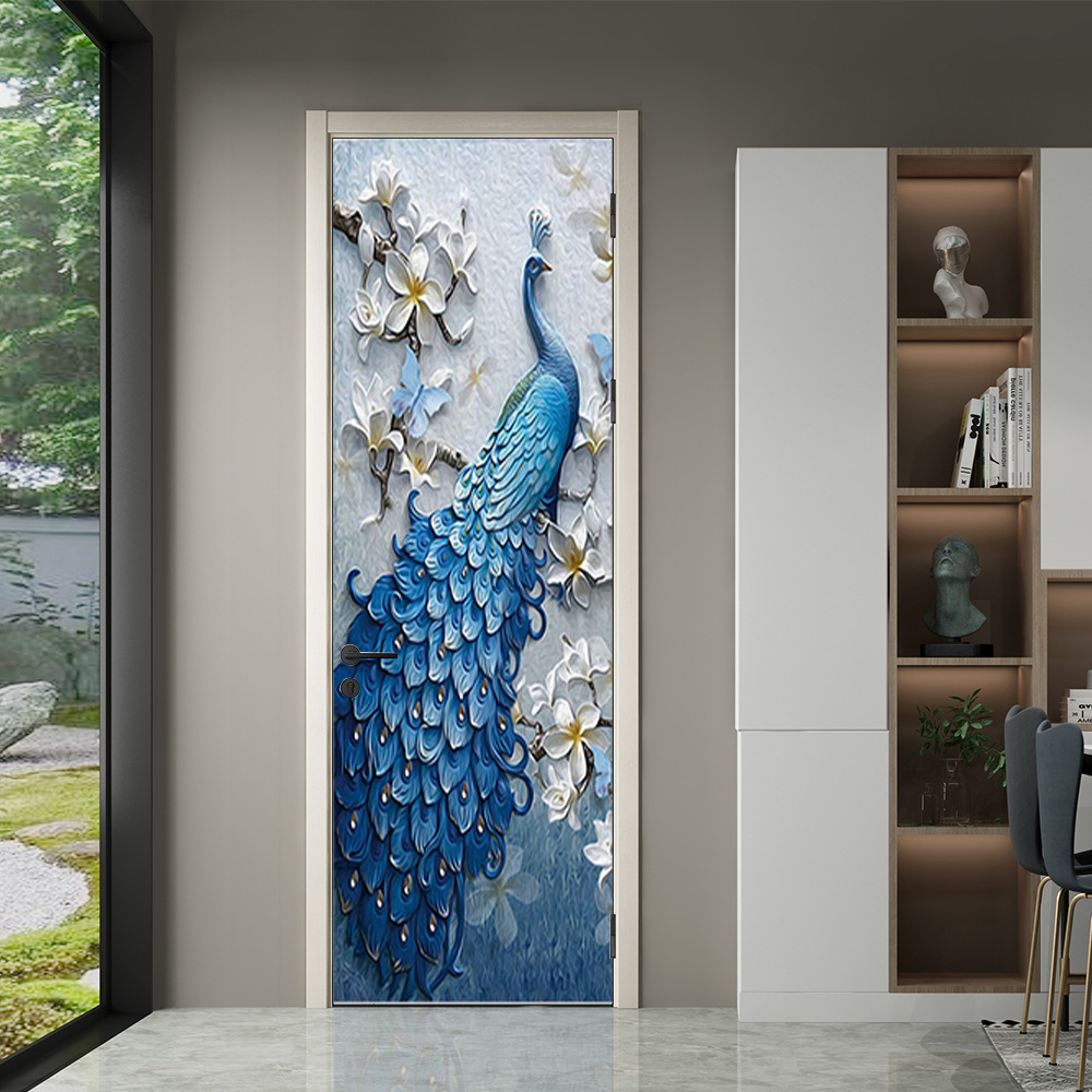 Blue Peacock Pattern Door Sticker 3D Wall Sticker Bedroom Study Bathroom Door Mural Vinyl Poster Decorative