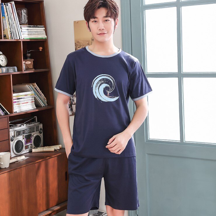 Ensemble pyjama d&#39;été pour hommes, bleu Royal, chemise et Short de nuit, 100% coton, tenue courte, grandes tailles 3XL et 4XL, vêtements de nuit décontractés: 4XL