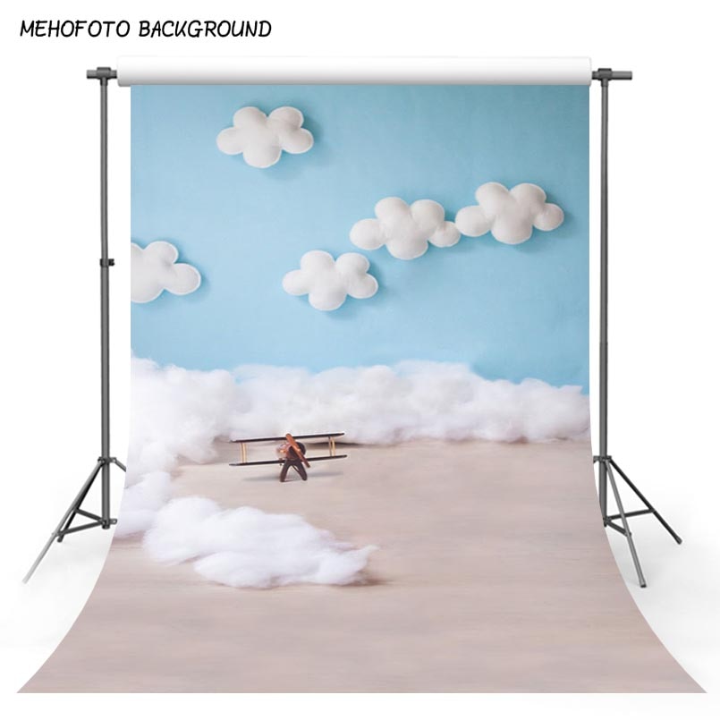 Vinyl Fotografie Achtergrond Katoen Wolken Dreamland Blauwe Muur Vliegtuig Speelgoed Kinderen Achtergronden Voor Fotostudio S-3040