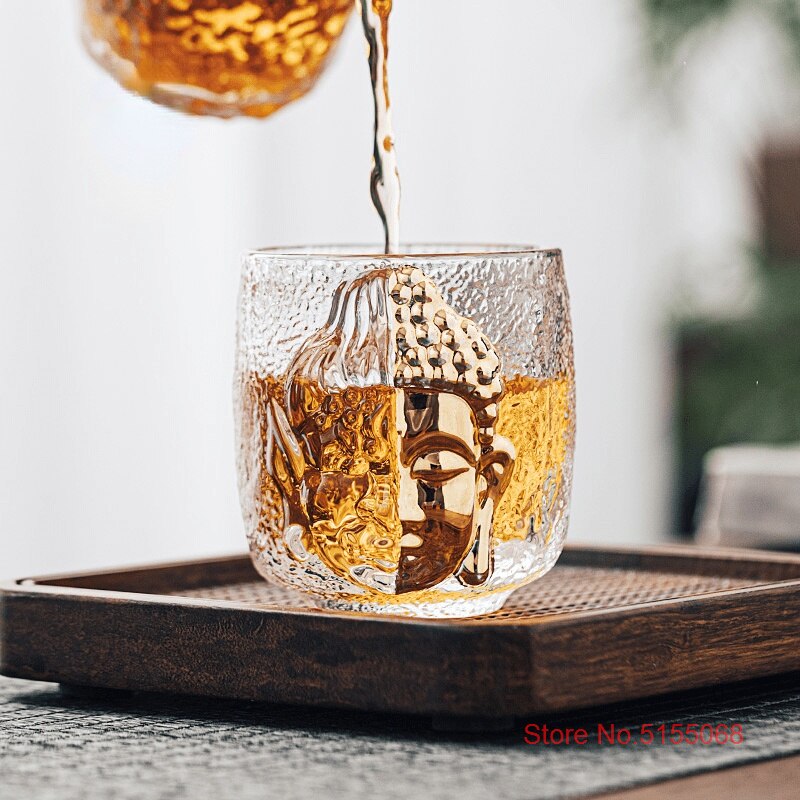 Vaso de cristal con relieve 3D de diablo o Buda Zen Budista, vaso de Sake con piedra Azure para la religión, copa de vino, licor, Vodka, Whisky, taza de té