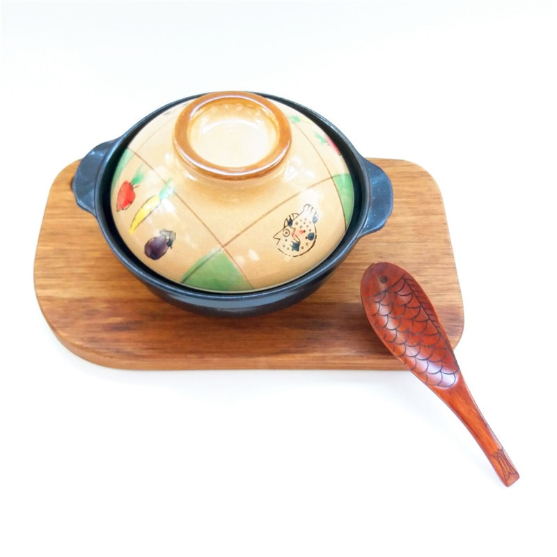 Japanse Handgeschilderde Vis Puffer Enkele Lithium Porselein Kleine Klei Aarden Pot Koken Vlakke Bodem Braadpan Fornuis Rijst