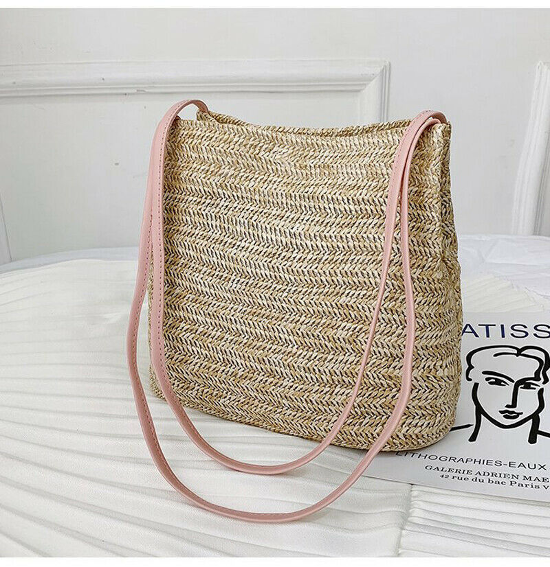 Boheemse dames schoudertas handgeweven rotan stro tas grote capaciteit zomer strandtas: Roze riem