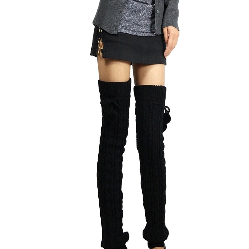 Gebreide Vrouwen Winter Beenwarmers Knie Hoge Dij Hoge Tie Kabel Gebreide Lange Boot Sokken Dames Laars Been Warmer: black