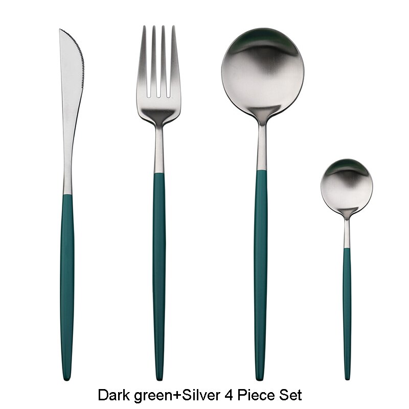 304 roestvrijstalen gouden besteksets, dinervork, mes, lepel, eetstokjes, serviesset, zilverwerk, servies: Donkergroen zilver
