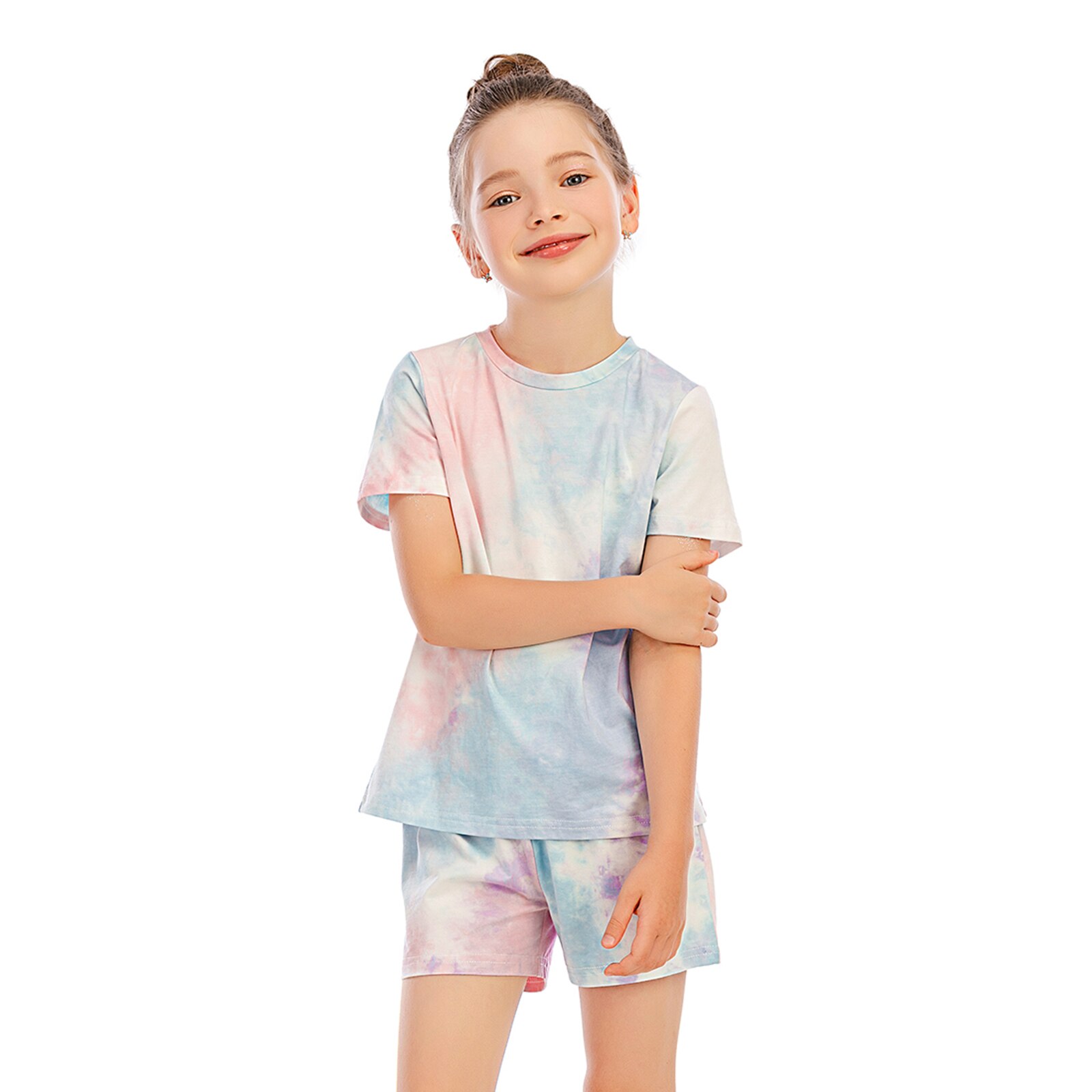 Sommer Baumwolle Homewear Nachtwäsche binden Farbstoff Kurzen Ärmeln oben und kurze Hose verlieren Outfit freundlicher Mädchen Sport Anzug setzt: 160cm / Weiß