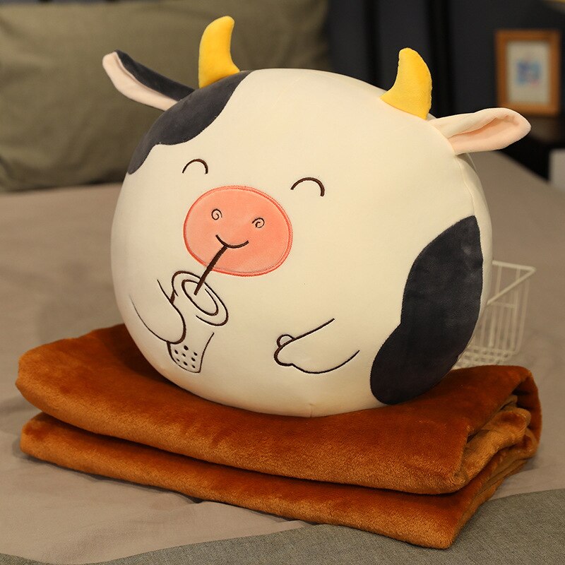 Manta suave tres en uno, cojines de vaca, dibujos decorativos, almohada de siesta, colcha de doble uso, de cumpleaños, felpa: grey with blanket