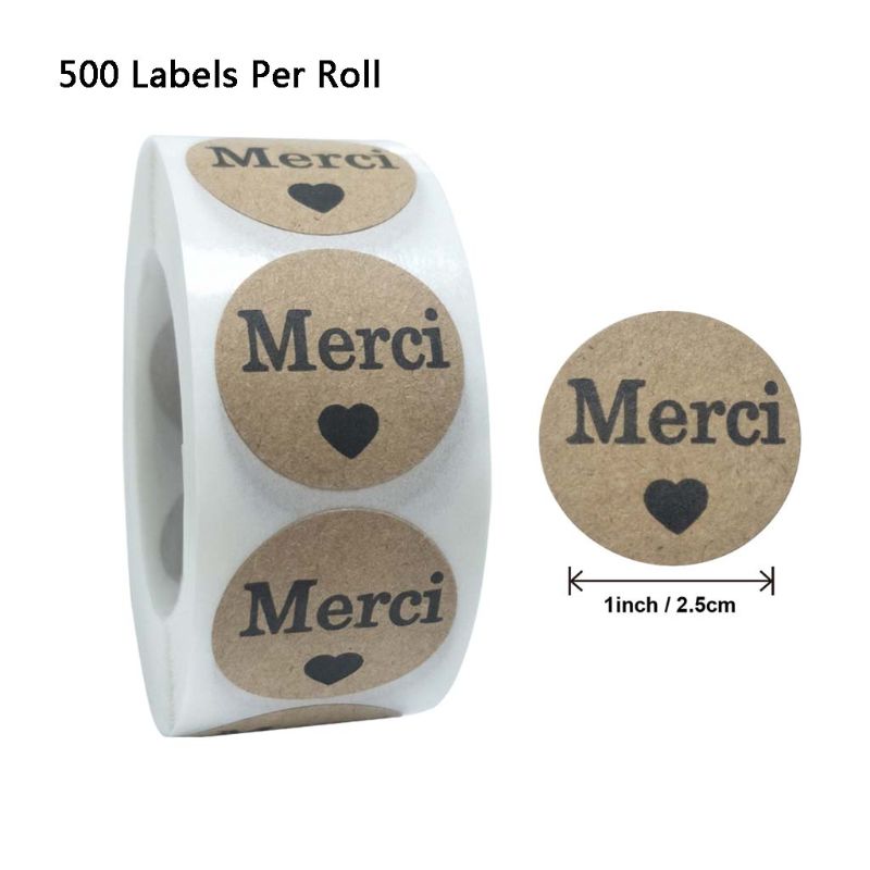 500x Natural Kraft Merci French Thank You labels Stickers DIY Seal Label Baking Package Stickers Scrapbooking Stationery Sticker