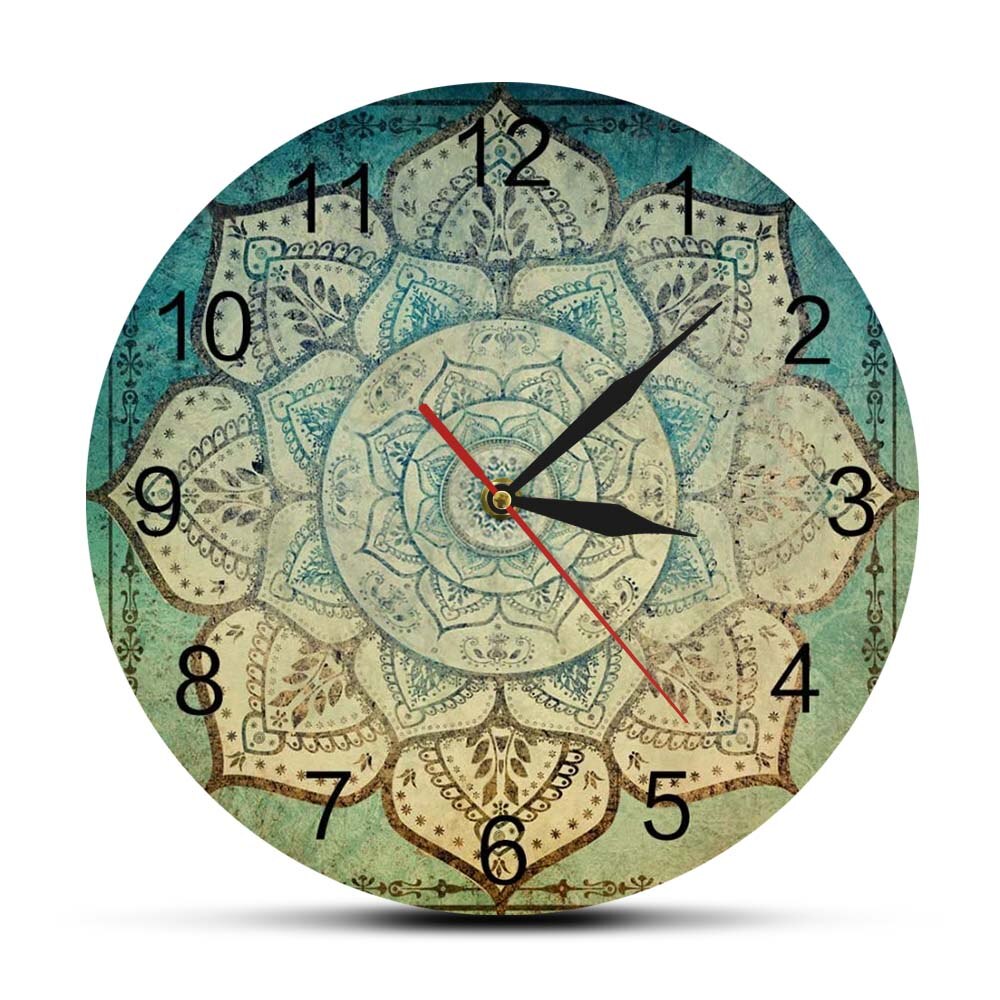 Bleka indiska mandala blommönster tryckt väggklocka vintage bohemiska mandala heminredning tyst icke-tickande klockvägg klocka