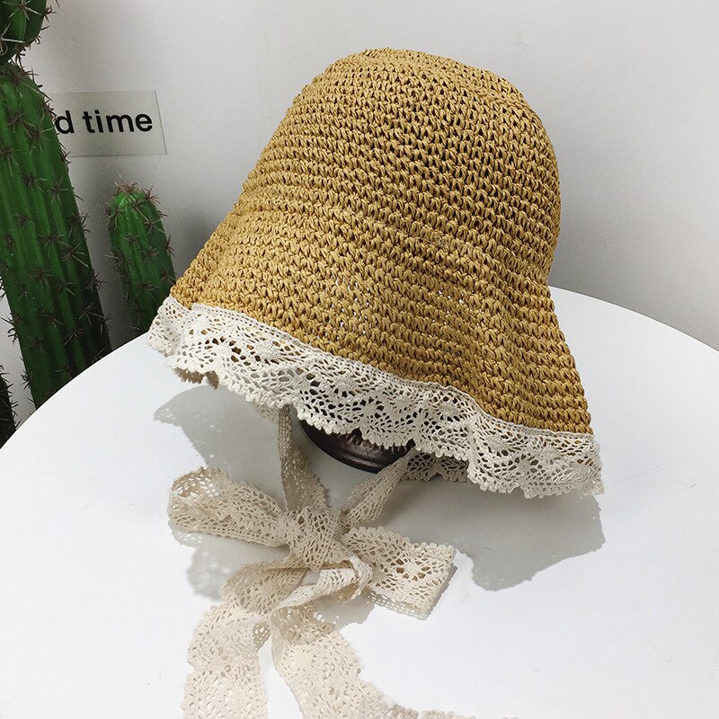 Sun hat girl foldable beach hat travel sunscreen lace lace adjustable summer straw cap child visors hat SL-06: adult 3