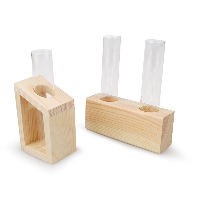 Florero de cristal para el hogar, florero de tubo de ensayo, soporte de madera, macetas de flores para plantas hidropónicas, decoración de jardín