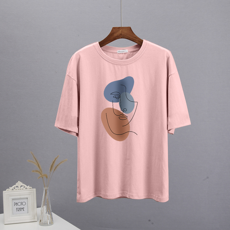 Hirsionsan abstrakt print t-shirt til kvinder sommer oversized 100%  bomuld t-shirts afslappet løs æstetisk t-shirt o-hals toppe: M / Lyserød