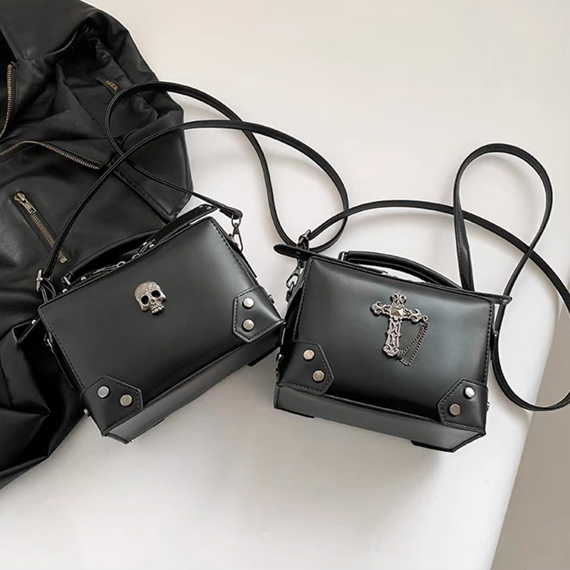 Petit sac à main à bandoulière carré punk gothique pour femme, poignée supérieure, croix tête de mort, cuir JOPU, initié, dame, sac à main, sac à main