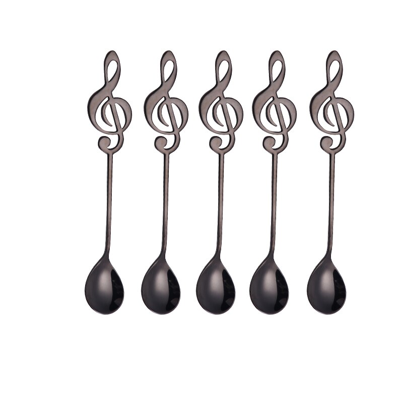 Spklifey musikske 7 farver guld teske scoop sæt 5 stk rustfrit stål kaffeske til teselskab: Sort 5 stk