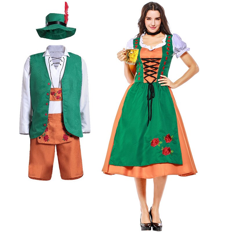 Couples Women Man Bavaria Oktoberfest Costume Beer Girl Maid Green Lederhosen Dirndl Facny Dress