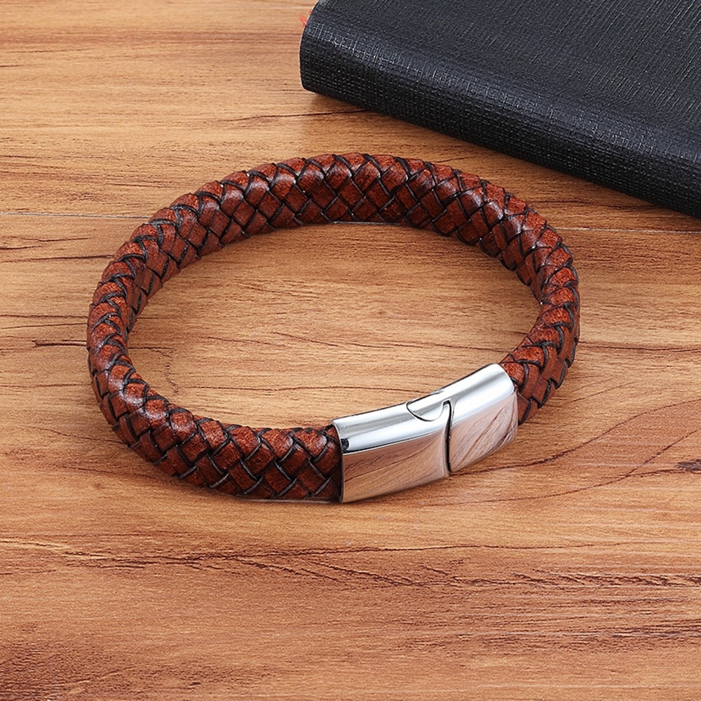 3 Farben Leder Kette Gewebt Männer Armbänder Neue Magnetische Schließe Edelstahl Armbinde Zubehör Frau Mann