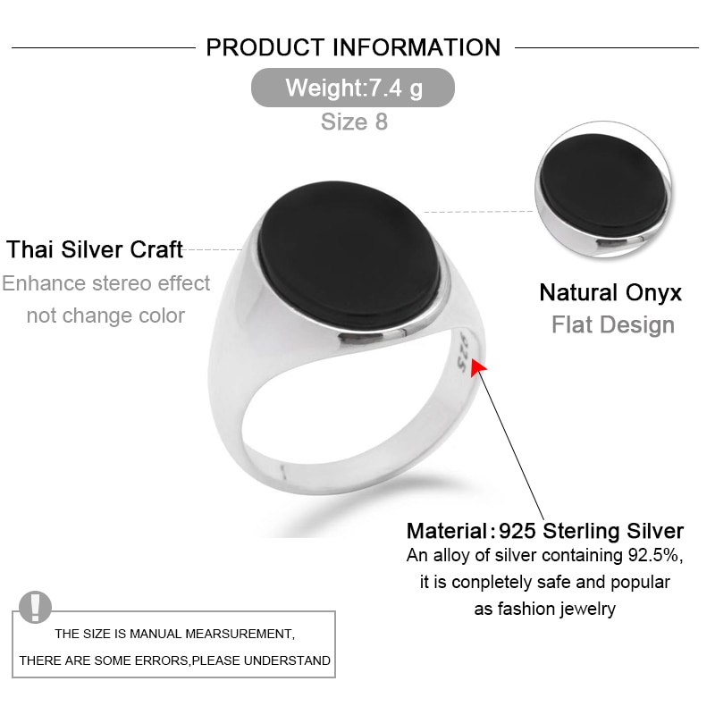 925 Sterling Silver Anello di Uomini con il Nero Onice Naturale Anello di Pietra Thai Argento di Disegno Semplice per L'uomo Le Donne Dei Monili Turco