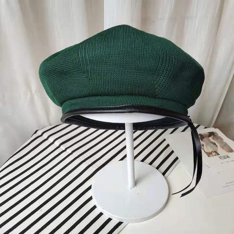 Pige grøn tynd strikket baretter hue kvinder solid justerbar fransk maler hat forår efterår damer kunstner hue kvinde kasket: Sortgrøn