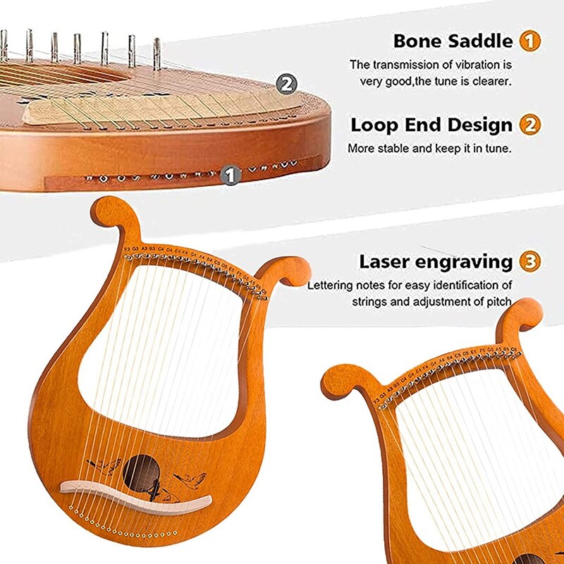Lyre harpe – violon grec à 19 cordes, symboles phonétiques sculptés à motifs uniques Lyre, pour les amateurs de musique débutants, Etc.