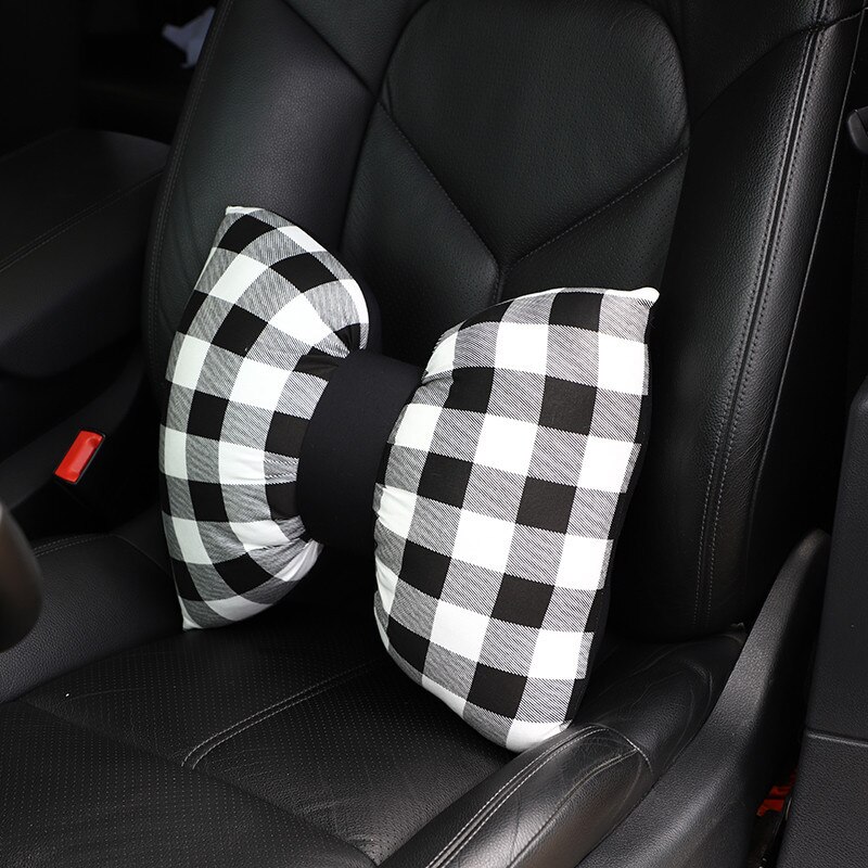 Oreiller avec nœud papillon pour appui-tête de voiture, 1 pièce, appui-tête à carreaux rouges, oreiller lombaire à carreaux noirs, coussin de siège, Kawaii, accessoires de voiture: Black plaid Waist