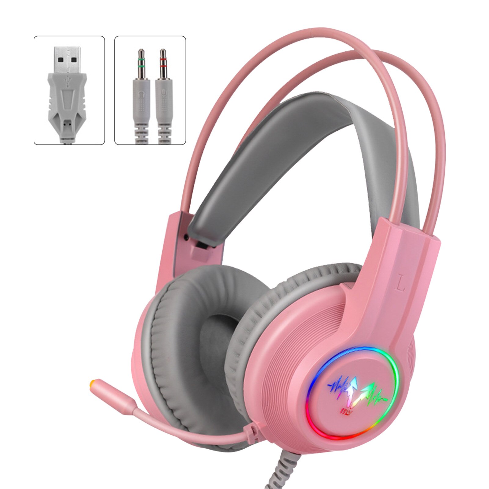 Surround Sound Ergonomic LED RGB Light For Laptop ABS Stereo Noise Canceling Gaming Headset Wired USB Interface Universal: Pink Double3.5MMUSB
