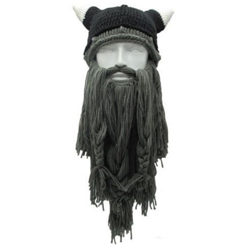 Newest Personality Crazy Winter Warm Cosplay Wig Ski Mask Caps Viking Beard Hat Barbarian Beanie Beard Hats: Gray