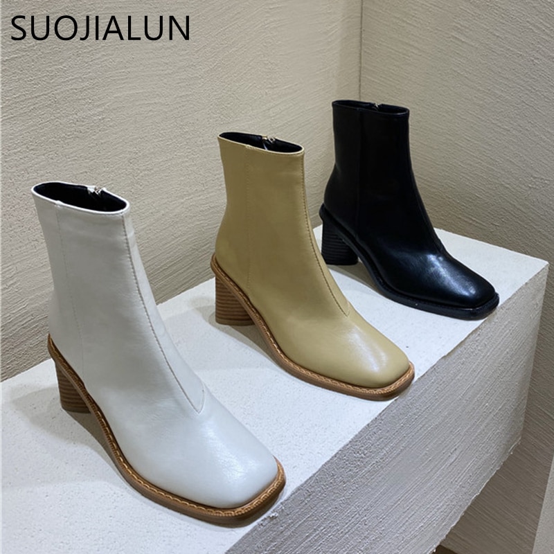 Suojialun dames enkellaarsjes met vierkante houten blokhak dames korte laarzen winter dames chelsea boots damesschoenen