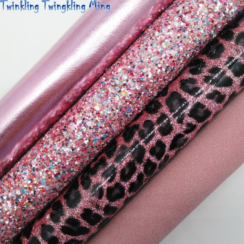 Rosa glitter tyg, leopard konstläder tyg, mocka syntetiskt läder lakan för rosett  a4 8 " x11 " blinkande ming  xm288