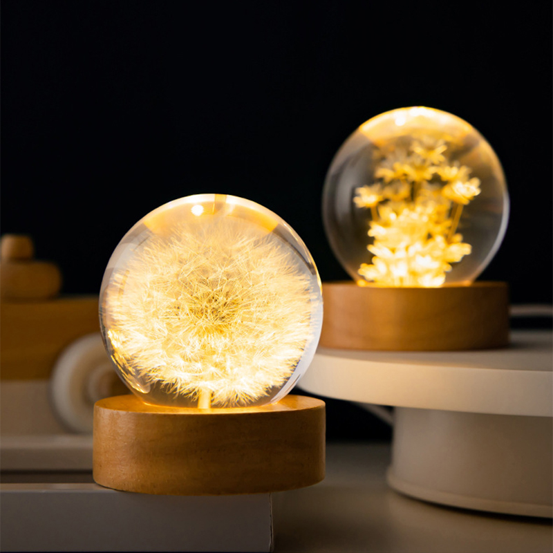 Bola de cristal de diente de león 3D, 5cm, 6cm, luminosa, de flores de inmortalidad, bola de cristal, soporte de madera, Base, bola de esfera de flor preservada