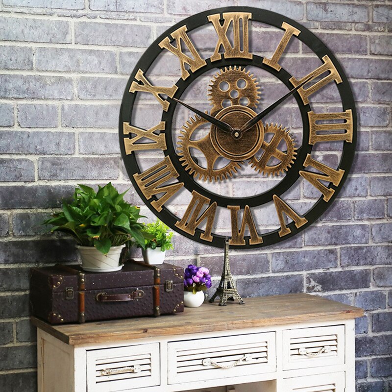 Getriebe retro Wanduhr Große 3D Römische Ziffer Geräuschlos nordisch Riesen Holz Jahrgang Uhren Horloge Wohnzimmer Bar Wohnkultur kunst