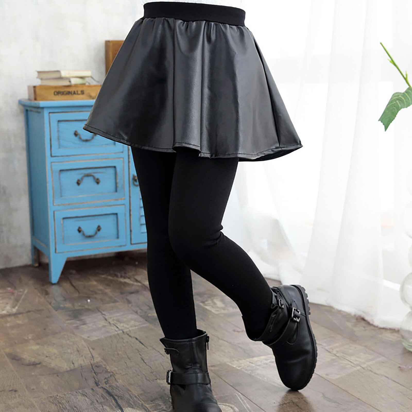 Jupe en cuir PU pour filles, Leggings d'hiver, pantalons pour enfants, polaire épaisse et chaude, faux deux pièces, Culotte pour enfants
