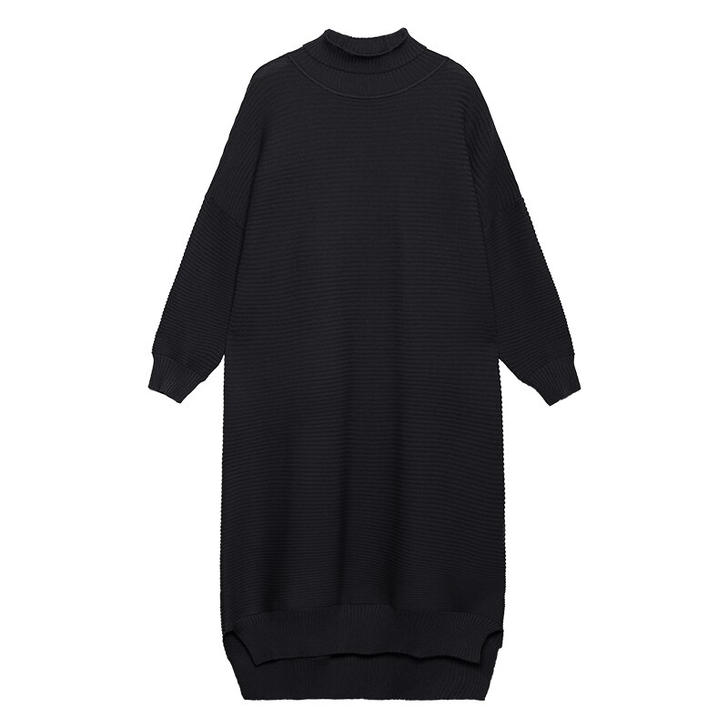 [EAM] Vestido largo de punto Irregular de talla grande para mujer, cuello alto, manga larga, suelto, tendencia de , primavera otoño 1DB512: Black
