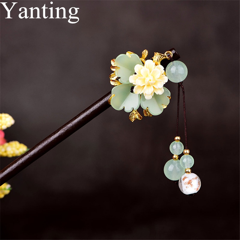 Yanting Women Hair Jewelry Glass Glazed Flower Chinese Hairpin Ethnic Hair Stick With Stone Tassel Bride Accessories 0144